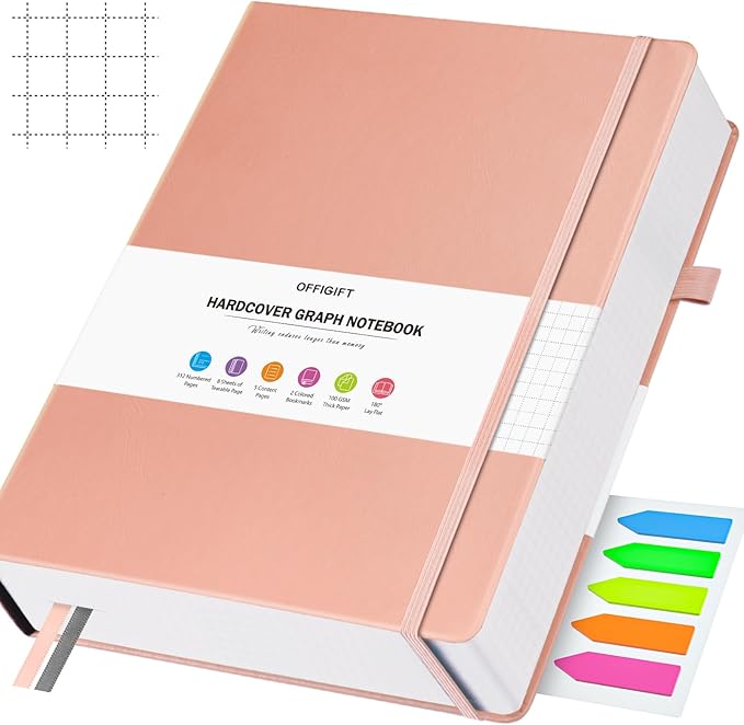 Graph Paper Notebook, 312 Numbered Pages B5 Hardcover Leather Journal, 100gsm No Bleed Grid Paper Notebook with Index Pages, Grid Notebook for Graphing Notes Math, 7.6'' X 10'', Pink