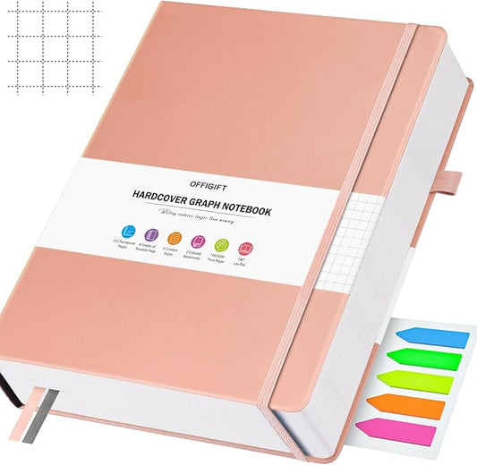Graph Paper Notebook, 312 Numbered Pages B5 Hardcover Leather Journal, 100gsm No Bleed Grid Paper Notebook with Index Pages, Grid Notebook for Graphing Notes Math, 7.6'' X 10'', Pink