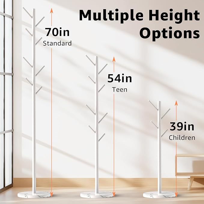 Coat Rack with Natural Marble Base, Metal Freestanding Coat Rack with 8 Hooks, 3 Adjustable Size Sturdy Coat Tree for Bags, Coats, and Hats for Entryway, Hallway, Bedroom, Office, White