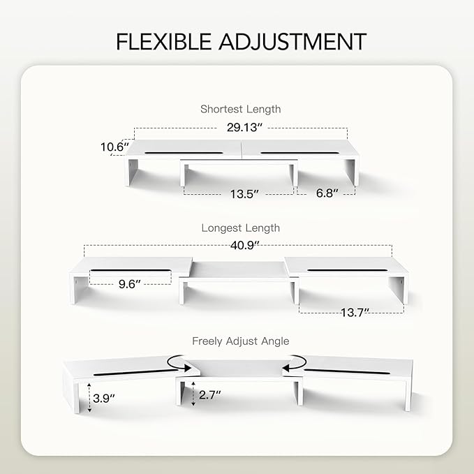 AMERIERGO Dual Monitor Stand Riser- 3 Shelf Screen Stand with Adjustable Length and Angle, 2 Extra Functional Slot Desktop Organizer Stand for PC, Computer, Laptop (White)