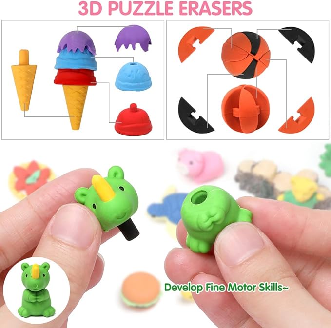 50 Pack Pencil Erasers Animal Eraser for Kids Puzzle Erasers 3D Mini Food Sport Fruit Take Apart Eraser Classroom Rewards Game Prizes Treasure Box Party Favors for Kid Gifts Easter Egg Fillers