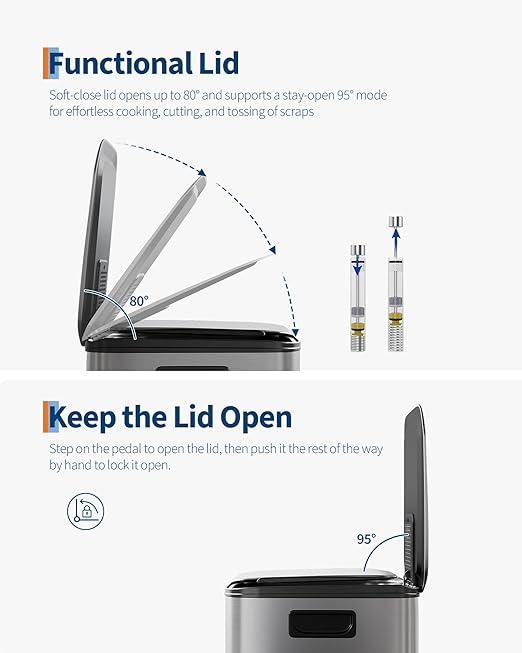 GarveeHome 2 x 8 Gallon Stainless Steel Double Trash Can with Lid for Kitchen, Large Dual Trash and Recycle Bin Combo, Step-on Kitchen Metal Garbage Cans, PP Inner Buckets, Liner Rim, Silver