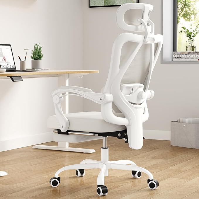 Farini Ergonomic Office Chair with Footrest, Mesh Office Desk Chair with Headrest, High Back Computer Chair with Adjustable Lumbar Support for Home Office Study Room Bedroom, White & Beige