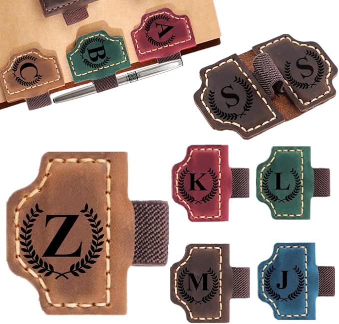 Custom Bookmark with Pen Holder with 26 Letters Personalized Magnetic Leather Book Mark, Customized Name Book Marker Clip with Initial for Men Women, Gifts for Book Lovers, Readers, (Brown, Z)