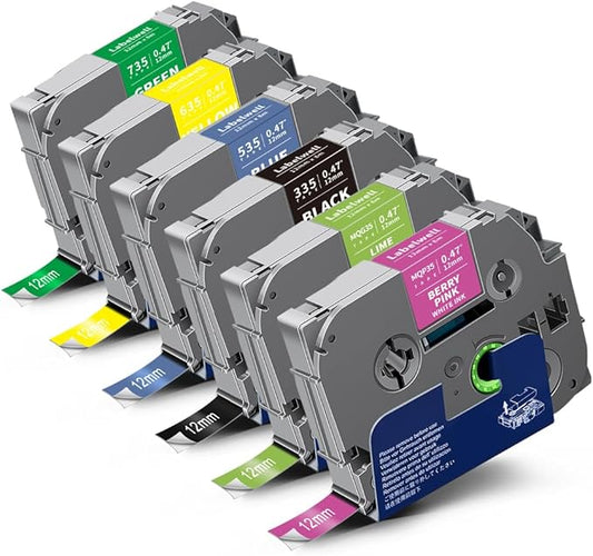 6-Pack Compatible TZe Label Tape 12mm 0.47 Laminated Multi-Color TZe-335 535 635 735 MQP35 MQG35 TZe-231 TZ Tape for PT-H110 D210 D220 D400, Black/Blue/Yellow/Green/Pink/Lime Green