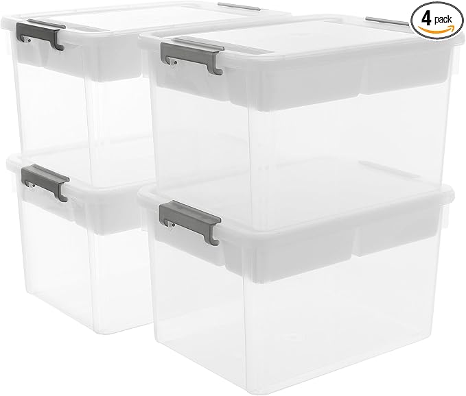 Citylife 32 QT Plastic Storage Bins with Removable Tray Large Stackable Storage Containers for Organizing Craft Storage and Storage Craft, Clothes, Files, Office Supplies, 4 Packs