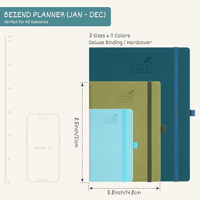 BEZEND 2026 Planner Weekly and Monthly (6" x 8.5") Daily Calendar with Half-Hourly Timeslots & Tabs (Jan-Dec) Note & Expenses, Pen Holder, Inner Pocket, Vegan Leather Hardcover - Lavender