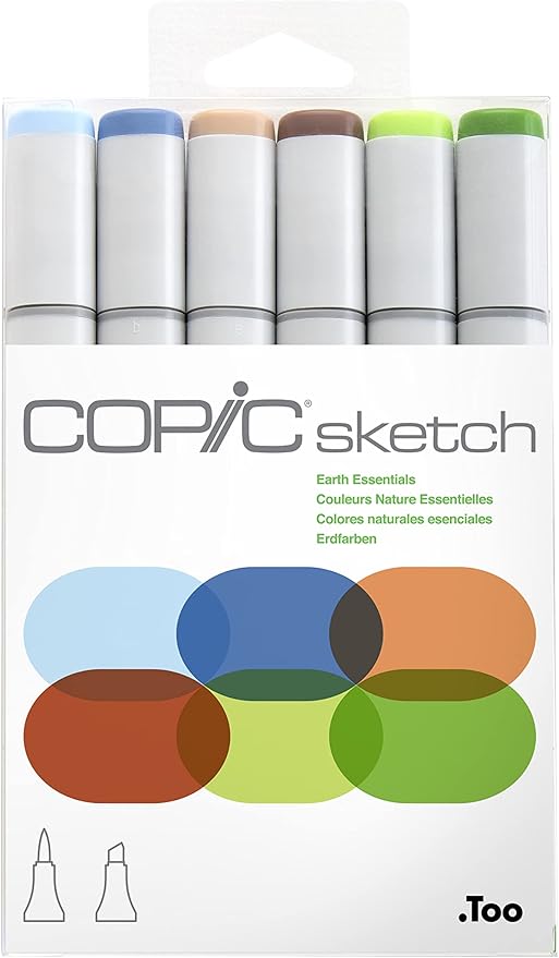 Copic Sketch Alcohol Markers, 6 Color Dual Tip Art Marker Set – Blendable Brush Tips for Drawing, Sketching, and Illustration – Professional Set for for Adult/Teen Artists & Creators - Earth Essential