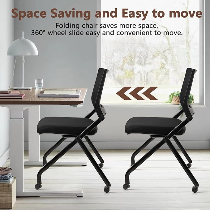 CLATINA Stackable & Foldable Conference Room Chairs, Waiting Room Chairs with Wheels & Lumbar Support, Ergonomic Mesh Bouncing Back Folding Chair for Office Meeting Schools Training, Black