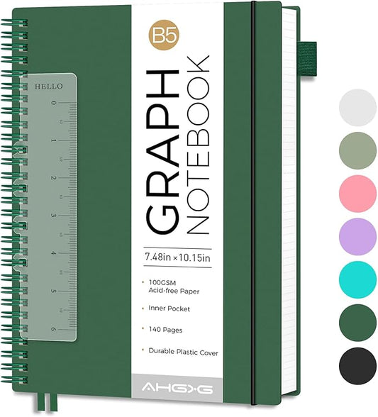 AHGXG Graph Paper Notebook - Spiral Notebook Journal 7.6" x 10", B5 Large Graph Notebook, 140 Pages, 100 gsm Thick Grid Paper, Waterproof Plastic Cover, for School Writing Engineering, Green