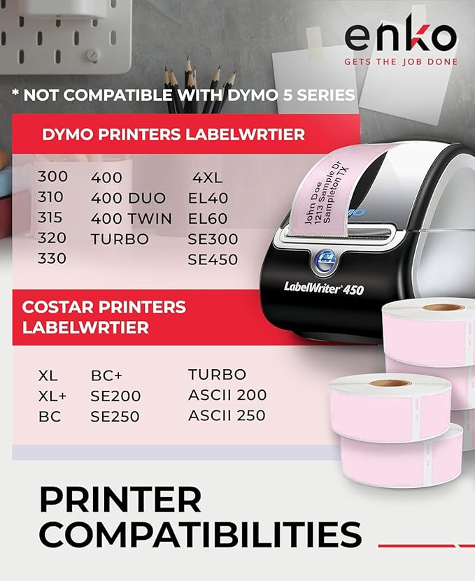 enKo [6 Rolls, 2100 Labels] Address, Shipping & Barcode Labels 30252 - Pink (1-1/8" x 3-1/2") Compatible for Dymo LabelWriter