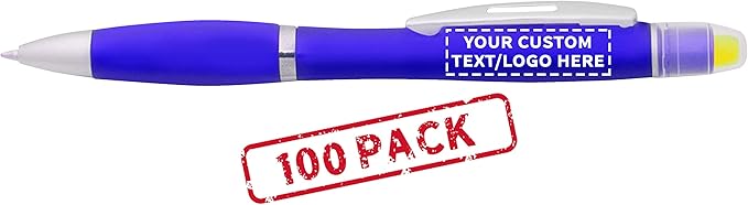 DISCOUNT PROMOS 100 Marathon Gel Highlighter Pens Pack - Customizable Text, Logo - Twist Mechanism, Ballpoint - Blue