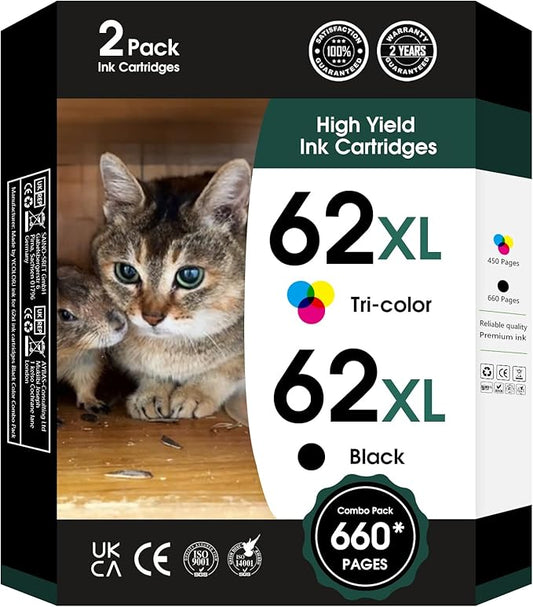 62XL 62 XL Ink Cartridges Black and Color for 62 Ink Cartridge Combo Pack Works with Envy 7640 5660 5540 7645 5661 for OfficeJet Mobile 250 200 258 for OfficeJet 5740 5745 8040 Printer(2-Pack)