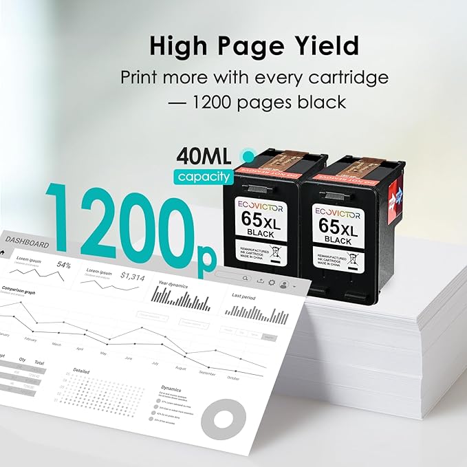EcoVictor Remanufactured 65XL Ink Cartridges Replacement for HP 65 XL Black Ink Cartridge HP65 HP65XL Compatible Envy 5000 5055 5052 5010 5070 DeskJet 3755 3700 3772 3720 3752 2600 2622 2652 (2 Black)