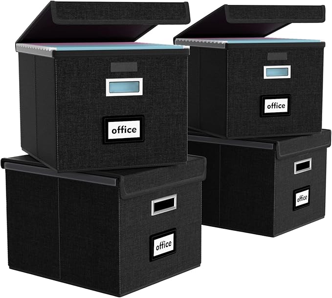 Huolewa New Portable File Organizer Boxes Set of 4, Collapsible Linen Hanging Filing Storage Boxes with Plastic Slide, Decorative Home/Office Filing System for File and Folders Storage (Black)
