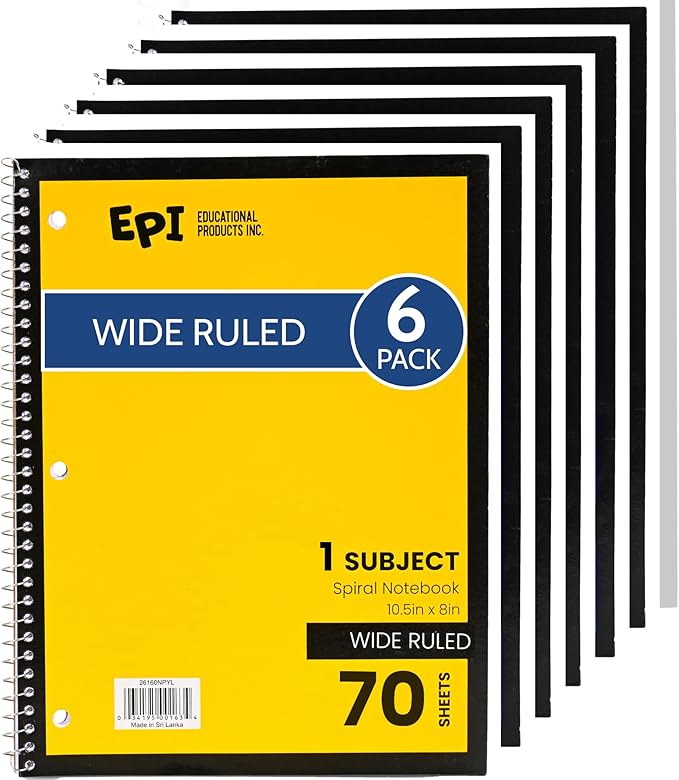 EPI Spiral Notebook | Wide - 70 Sheets, Durable Spiral Binding | 10.5 x 8 in | Classroom Supplies | School, Office, Note Taking, Journaling - 6 Pack