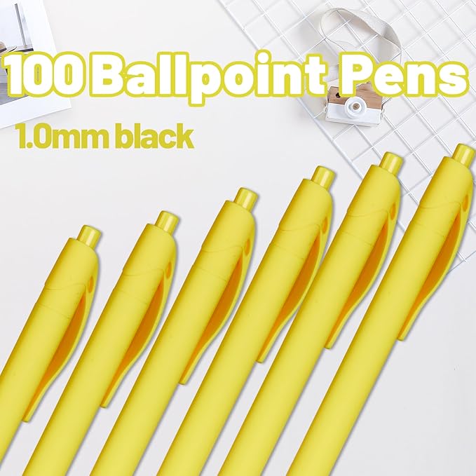 BallPoint Pens, 100 Pack (BLACK Ink),Bulk Pens, Yellow Barrel,Click Pens for Office Home and School, Retractable Ballpoint Pens, Medium Point, 1.00MM (Yellow)