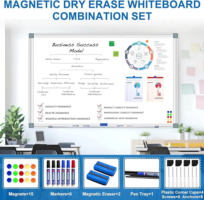 H-Qprobd 6'x4' Large Magnetic White Board Dry Erase Whiteboard with Aluminum Frame, 72"X48" Hanging White Boards for Wall with Long Pen Tray, Presentation Board for Office Classroom Home