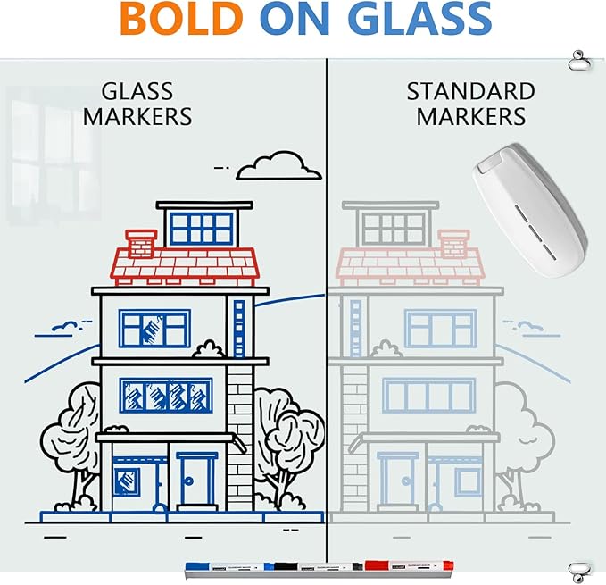 Glass Whiteboard Markers, Spray Magnetic Eraser & 2-in-1 Reversible Dual Tip - Bullet & Fine Point, Erasable Liquid Dry Erase Pens (4 Black 1 Blue 1 Red) for Acrylic Window Mirrors