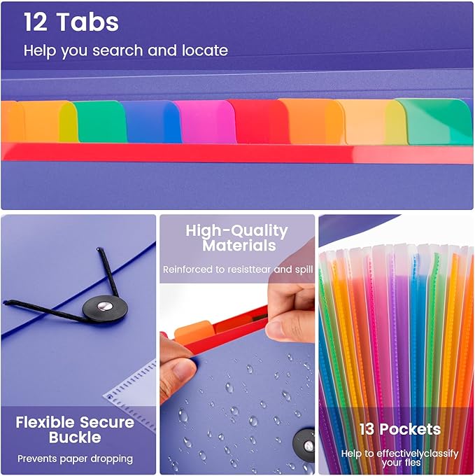 13 Pocket Expanding File Folder Accordian File Organizer, A4 Letter Size Paper Document Receipt Holder for School Office Supplies, Purple Blue