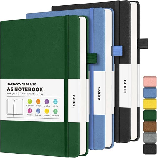 Blank Journal Notebook, 3 Pack A5 Sketch Book, Hardcvoer Sketchbook for Drawing with 100GSM Thick Paper, Leather Journal for Writing, Unlined Journal for Women, Men, School, 160 Pages, 5.7" x 8.4"