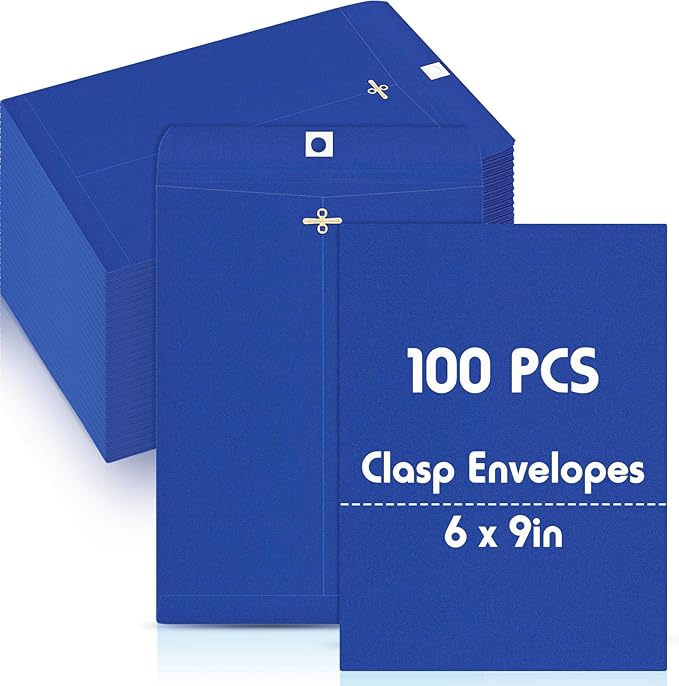 Geyee 100 Pcs Clasp Manilla Envelopes 6 x 9 Inch Gummed Colored Envelopes for Storing or Mailing for Home Office Business Supplies(Dark Blue)