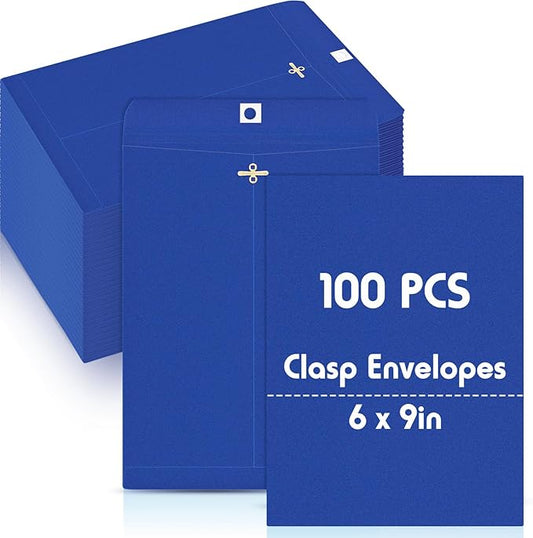 Geyee 100 Pcs Clasp Manilla Envelopes 6 x 9 Inch Gummed Colored Envelopes for Storing or Mailing for Home Office Business Supplies(Dark Blue)