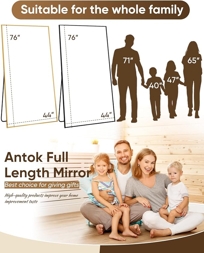 Antok Full Length Mirror, 76"x44" Floor Mirror, Floor Standing Freestanding Full Body Mirror with Stand for Bedroom, Hanging Mounted for Living Room Cloakroom, Gold