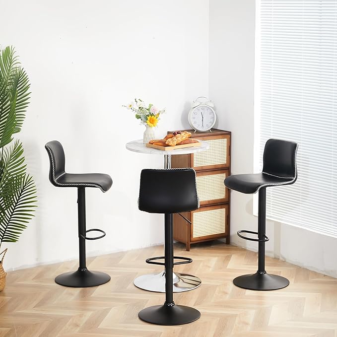 HeuGah Bar Stools Set of 3, Swivel Counter Height Barstools with Back, Adjustable Height 24" to 32", Black Faux Leather Bar Chairs for Kitchen Island (Black, Set of 3 (24'' to 32''))