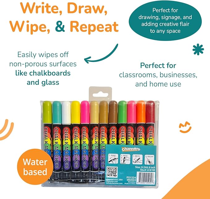Channie's Liquid Chalk Markers, 24 Vibrant Colors, Dual-Tip Reversible Chisel & Round Tips, Works on Chalkboards, Glass, Mirrors & More, Easy to Wipe Off, Includes Labels & Tweezers