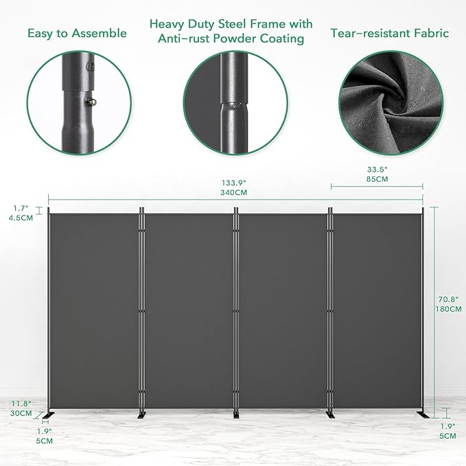 Helios&Hestia 4-Panel 6 ft Tall Indoor Folding Room Divider, Portable Privacy Screen, Freestanding Partition Separator, Temporary Wall Separation for Bedroom, Office, 136" W X 71" H, Dark Grey