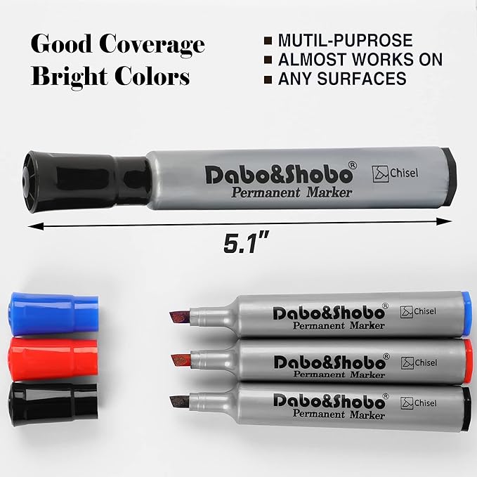Dabo&Shobo Permanent Markers 24 Count, 3 Assorted Colors, Chisel Point Permanent Markers For Kids and Adult Coloring as Office, School Supplies