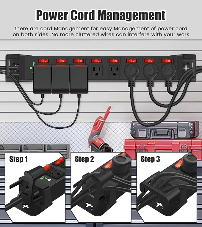 Heavy Duty Power Strip with Individual Switches,8 Outlets 14 Gauge Industrial Shop Garage Metal Multiple Outlets,1200J Surge Protector Mountable Power Strip (Black, 25 FT)