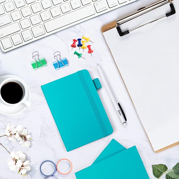 feela 6 Pack Pocket Mini Notebooks Bulk, Small Cute Memo Notepads Hardcover College Ruled Lined Journals with Pen Holder for School Business Work, with 6 Black Pens, 3.5”x 5.5”, A6, Emerald