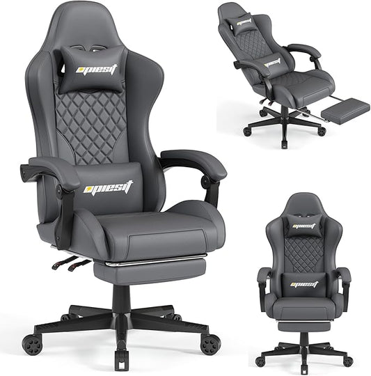Gaming Chair,Ergonomic Computer Chairs for Adults with Footrest, PU Leather Office Chair with Adjustable Lumbar Support & Pocket Spring Cushion - Heavy Duty 400lb Capacity Gamer Chair (Grey)