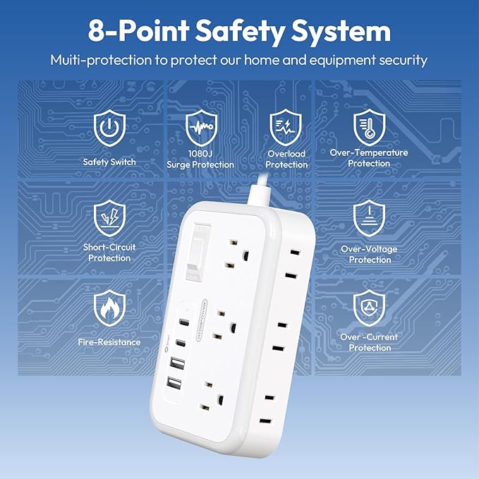Flat Plug Extension Cord 25 ft, Surge Protector Power Strip, Outlet Extender with 6 Outlets 4 USB Ports, Overload Protection, Long Extension Cord with Multiple Outlets for Indoor, Home, Office, White