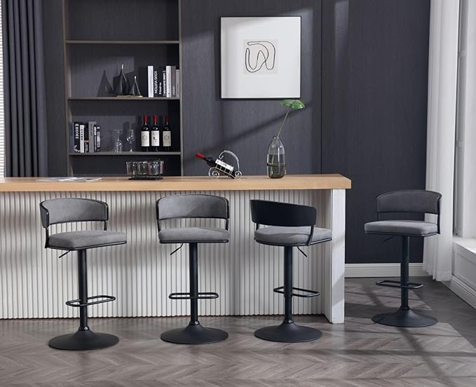 Adjustable Modern Bar Stools Set of 6 Faux Leather Barstools Swivel Counter Height Bar stools with Curved Back/Black Metal Base Comfy Upholstered Bar Chairs for Kitchen Island, Grey
