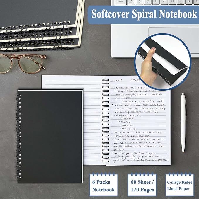GINMLYDA Black Small Spiral Notebook 6Pack, 120 Lined Pages 8.25x5.50 Inches Spiral Journal Kraft Cover Notebooks & Writing Pads for School Home Office Aesthetic Sketch Drawing Note