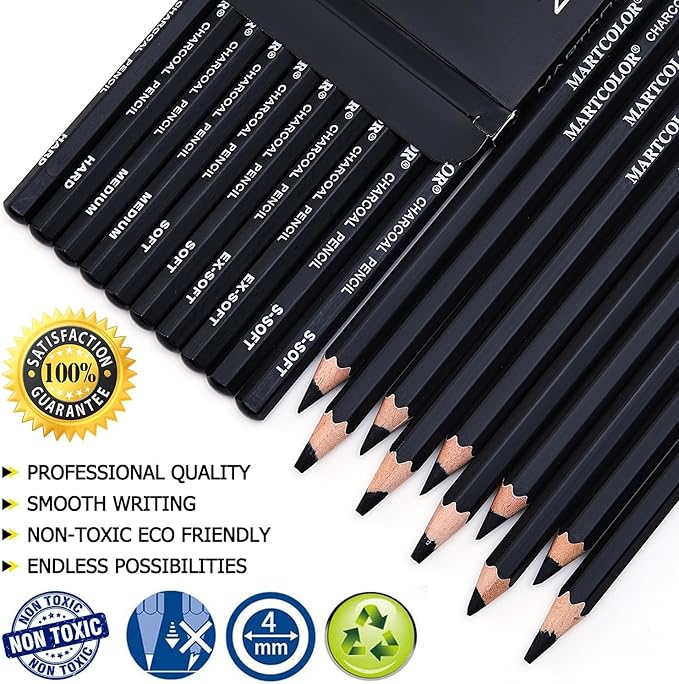 Charcoal Pencils for Drawing, 10 Pieces (S-Soft, Ex-Soft, Soft, Medium, & Hard) Black Charcoal Pencils for Sketching, Shading, Blending