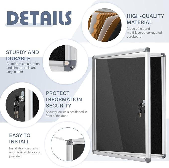 Enclosed Bulletin Board Lockable Display Case Message Board with Locking Door for Indoor, Black Felt, Silver Aluminum Frame, 26x20inch(4XA4)