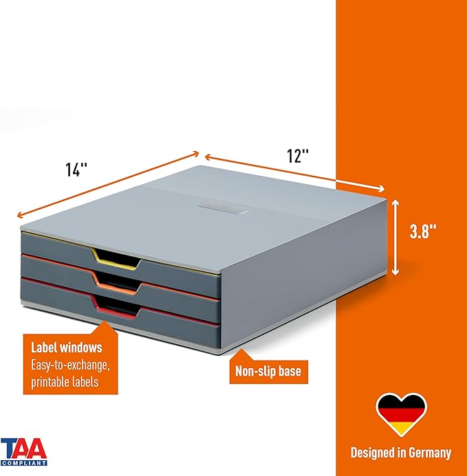 Durable Varicolor 3 Drawer Unit - Gray Desktop Drawer Set with 3 Color Coded Draws - Letter to Folio Size Files - Perfect for Storing Documents and Paper Work
