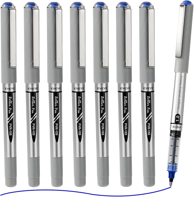 EYEYE Rollerball Pens Blue Bold Point, 8 Pack Liquid Ink Pen 1.0mm Quick Dry, Blue Ink Pens Fine Point Smooth Writing Pen for Journaling, Note Taking, Office, School Supplies