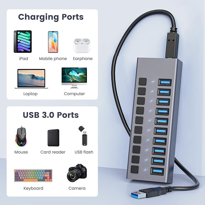 48W Powered USB Hub - ACASIS 10 Ports USB 3.0 Data Hub, Individual On/Off Switches, 12V/4A Power Adapter, Aluminum Housing, USB Splitter for PC, Computer, Mobile HDD, Flash Drive