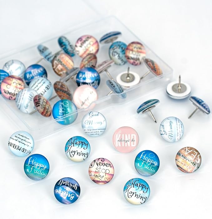 24Pcs Decorative Push Pins,Decorative Thumb Tacks for Bulletin Board, Cork Board Thumbtacks,Photos Wall Maps,Cute Thumbtack for Cubicle Decor,Classroom Decor,and Office Decor(Motivational-Moring)