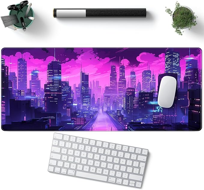 Desk Pad Cyberpunk Purple Desk Mat City Skyline Gaming Extended Mouse Pad Big Office Keyboard Pc Laptop for Women Large Mousepad with Stitched Eges Non-Slip Base Mouse Keyboard Mat 31.5x11.8 in