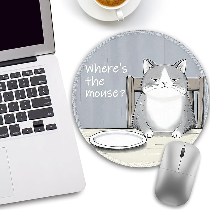 Funny Cat Mouse Pad, Grey Small Round Mouse Pads for Desk, Mini Travel Mousepad for Wireless Computer Laptop, Office Desk Accessories, Where's The Mouse, 8.6 x 8.6 inch