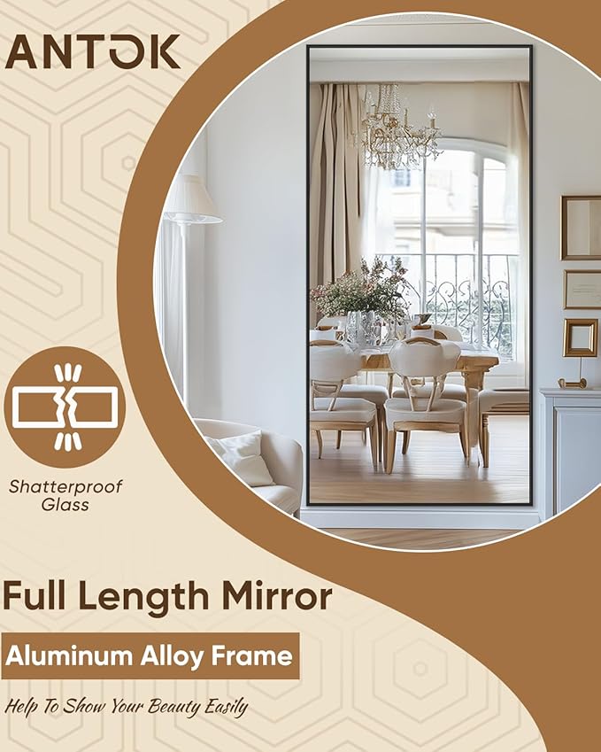Antok Full Length Mirror, 76"x34" Floor Mirror, Floor Standing Freestanding Full Body Mirror with Stand for Bedroom, Hanging Mounted for Living Room Cloakroom, Black