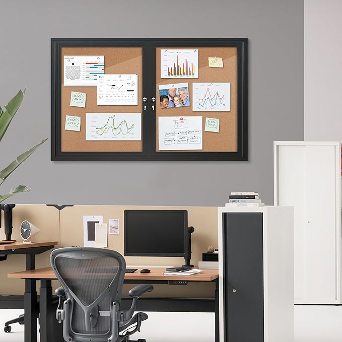 48"x30" Enclosed Bulletin Board, Outdoor Lockable Weather-Resistant Aluminum Cork Noticeboard for School & Office, Silver Frame w/Black Flet