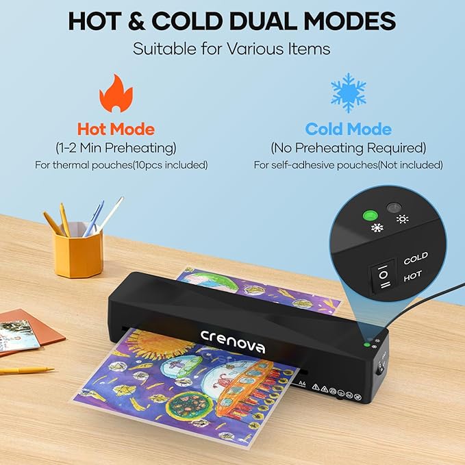 Crenova Laminator Machine with 10 Laminating Sheets, A4 Laminating Machine Hot & Cold with Fast Warm Technology, Thermal Laminator 9 Inch for Home Office School Business Black