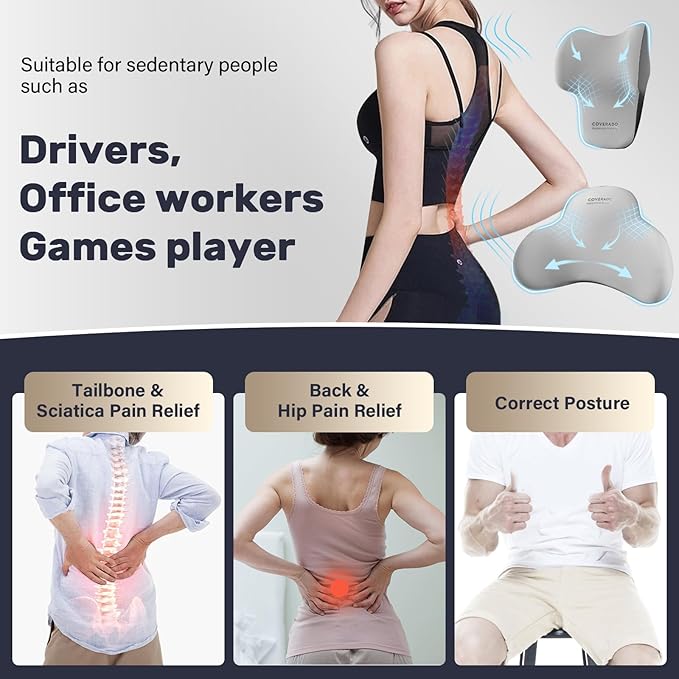 Coverado Lumbar Support and Car Neck Pillow, Ergonomic Memory Foam Desk Chair Cushion and Headrest Pillow for Car Office Chair, Sciatica & Neck & Tailbone Cushion-Black&Gray